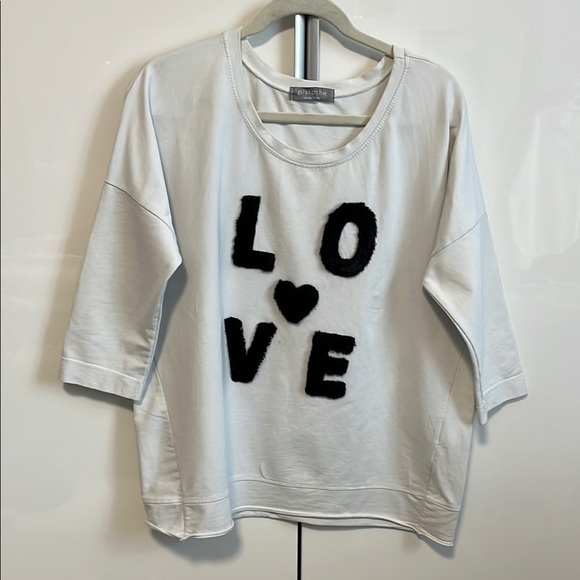 PISTACHE White Cotton Top with Black Faux Fur LOVE Design, Size S/M - Picture 1 of 10